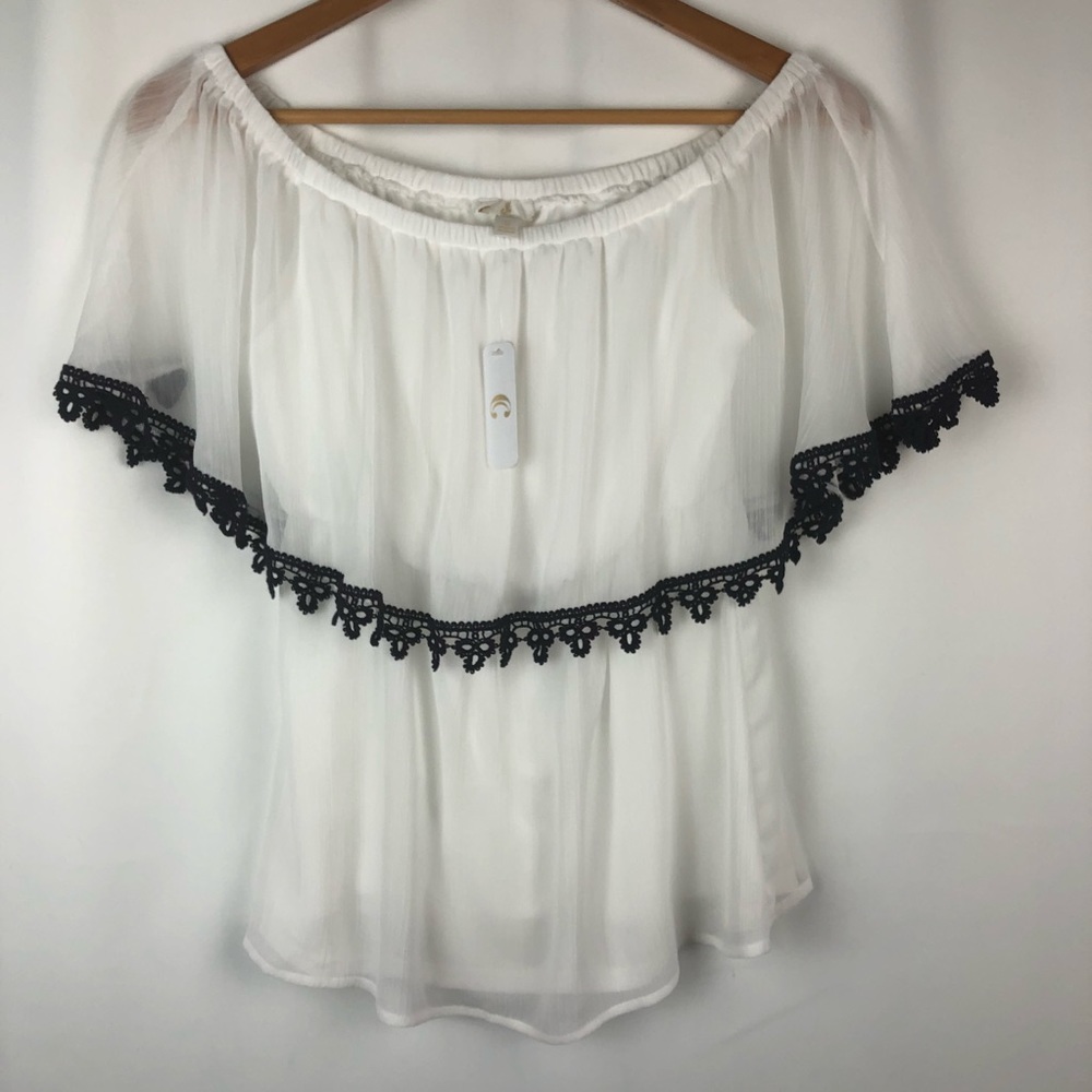Charming Charlie White Chiffon Off Shoulder Blouse Navy Lace Trim Sz Sm